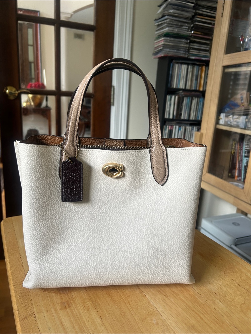 Coach Pebbled Leather Small Tote in Chalk with Tan Trim and Dark Brown Tag